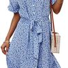 Angashion Women Dresses Casual Short Sleeves Floral Print Button Down V Neck Summer