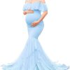 JustVH Maternity Off Shoulder Ruffles Elegant Fitted Gown Spaghetti Strap Mermaid
