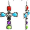Boho Cross Metal Engraved Pattern Earrings Fashion Ladies Inlaid Turquoise Amethyst