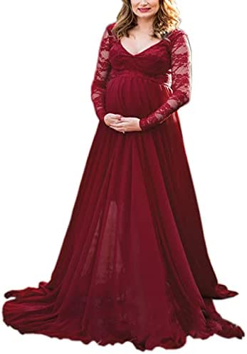 ORQ Maternity V Neck Lace Chiffon Gown Long Sleeves Maxi Photography Dress for