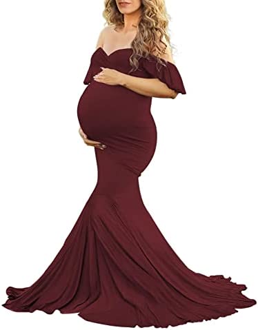 Saslax Off Shoulder Ruffle Sleeves Elegant Fitted Maxi Maternity Dress for Photoshoot