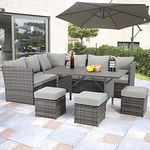 U-MAX Outdoor Patio Furniture Set,7 Piece Patio Sectional Sofa Set with Dining Table