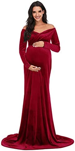 ZIUMUDY Velvet Maternity Off Shoulder Fitted Photography Gown Long Sleeve Maxi Photo