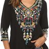 Higustar Mexican Embroidered Shirts for Women Boho Tops and Blouses 3/4 Sleeve