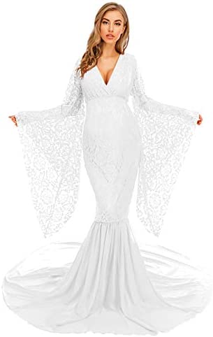 ZIUMUDY Deep V Neck Lace Maternity Gown for Photography Photo Shoot Flared Sleeve