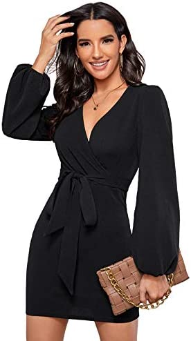 SheIn Women's Surplice Wrap Long Sleeve Pearls Beaded Solid Mini Pencil Dress with