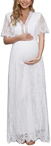 V Neck Lace Maternity Maxi Dress-Maternity Dress for Photoshoot Baby Shower Floral