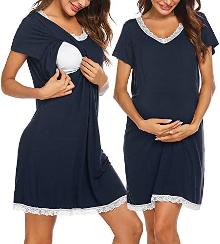 Ekouaer Nursing Sleepshirt Women Button-Front Nightshirt Short Sleeve Nightgown