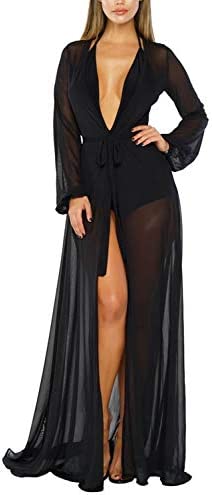 Pink Queen Women's Long Sleeve Flowy Maxi Bathing Suit Swimsuit Tie Front Robe Cover