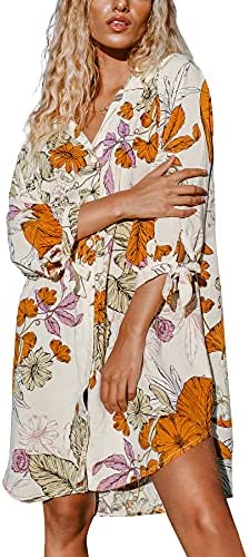 CUPSHE Women Floral Shirt Dress Cover Up Beach Dress 3/4 Sleeve Button Down Midi