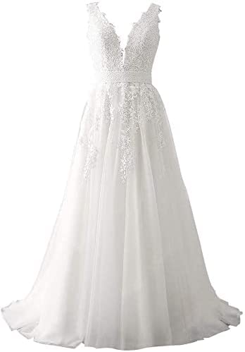 Abaowedding Women's Wedding Dress for Bride Lace Applique Evening Dress V Neck Straps