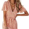 SheIn Women's Floral Tie Front Ruffle Mini Dress V Neck Short Sleeve A Line Flare