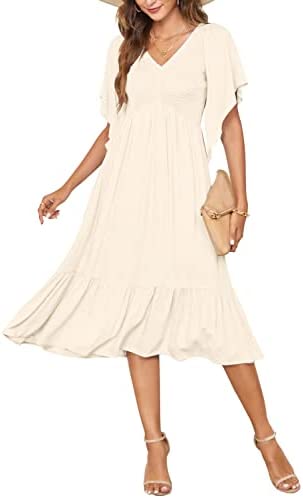 PYGFEMR Women's Summer Tiered Dress Smocked Flutter Short Sleeve V Neck Midi Dresses