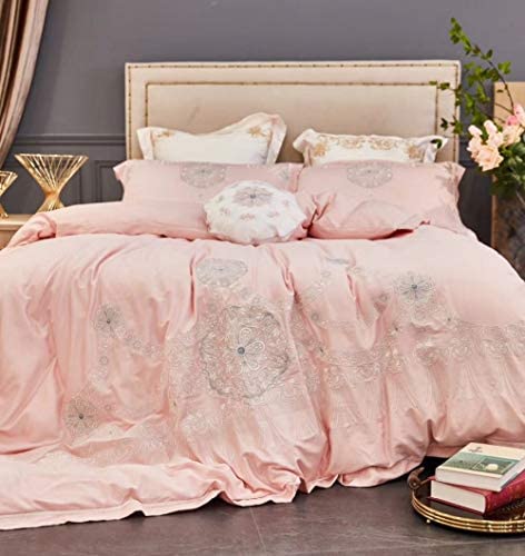 KTUCN 4/6 Pcs Egyptian Cotton Bedding Sets, Princess Pink Bed Set Double King Size