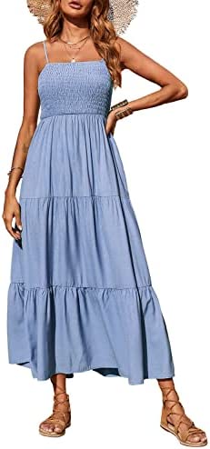 PRETTYGARDEN Women's Summer Maxi Dress Casual Boho Sleeveless Spaghetti Strap Smocked