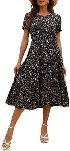 NAVINS Women Floral Print Puff Sleeve Tiered A-Line Swing Midi Dress with Pockets