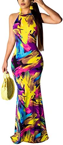 Women's Sleeveless Halter Neck Hollow Out Vintage Floral Print Party Beach Evening