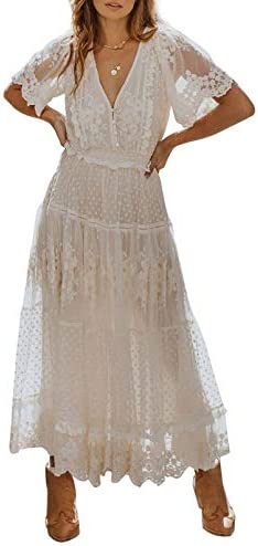BLENCOT Womens Casual Boho Floral Lace V Neck Long Evening Dress Cocktail Party Maxi