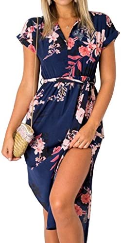 TEMOFON Women's Dresses Summer Floral Geometric Pattern Short Sleeve Midi V-Neck