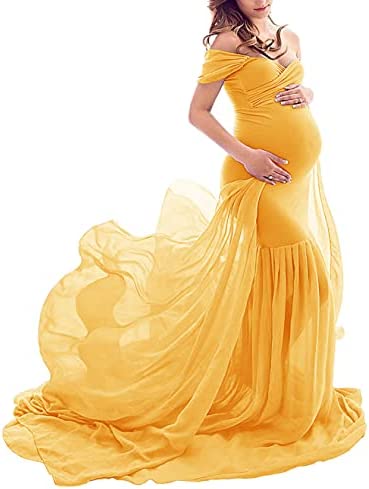 Yuanlar Maternity Fitted Photography Gown Off Shoulder Mermaid Chiffon Maxi Dress for