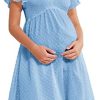 Maacie Maternity Swiss Dots Dress Smocked V-Neck A-Line Flowy Dress Photoshoot Dress