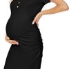 Peauty V Neck Summer Maternity Bodycon Dress with Buttons/Side Ruched Short Sleeve