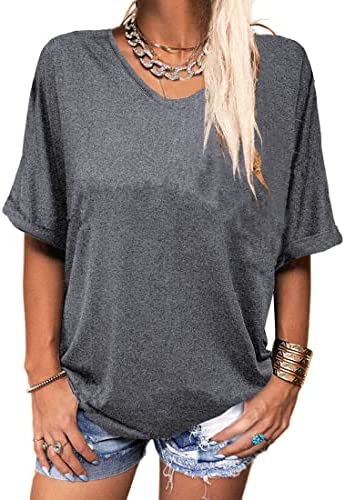 Hongqizo Womens Summer T Shirt V Neck Short Sleeve Loose Oversized Tee Solid Casual