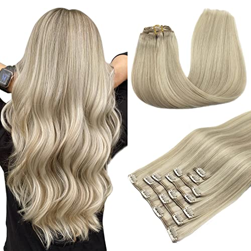Clip in Hair Extensions Real Human Hair, 120g 7pcs Ash Blonde Highlighted Platinum