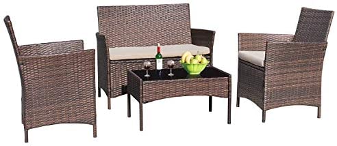 Devoko 4 Pieces Patio Porch Furniture Sets PE Rattan Wicker Chairs Beige Cushion with