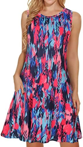 Summer Dresses for Women Beach Floral Tshirt Sundress Sleeveless Pockets Casual Loose