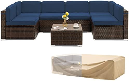 UDPATIO Outdoor Patio Furniture Sets 7 Pieces Outdoor Sectional Couch, PE Rattan Sofa