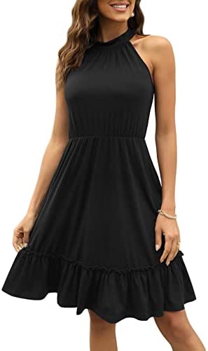 NAVINS Womens Halter Sleeveless Casual Ruffle Solid Summer Swing Skater Dress with