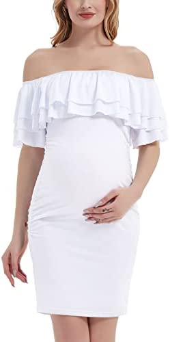 Bhome Maternity Dress Off Shoulder Summer Bodycon Baby Shower Dress Double Ruffles