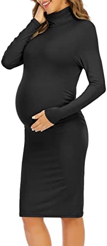 Womens Turtleneck & Long Sleeve Maternity Dress(S-XXL)/Side Ruched Maternity Bodycon
