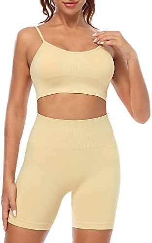 Seamless Workout Sets for Women 2 Piece Outfits High Waist Yoga Shorts Adjustable