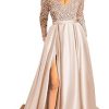 Fanciest V Neck Long Sleeve Prom Dresses with Slit Sequin Satin Formal Evening Gowns