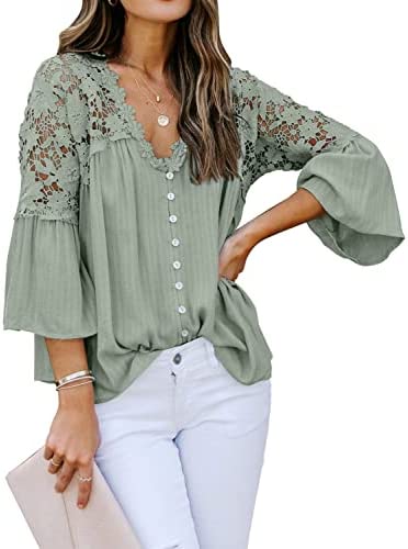 ZZREDTOP Lace Top Women's Ruffle Bell Sleeve Blouse V Neck Loose Button Tops