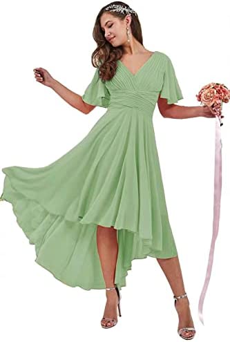 Eightale High Low Bridesmaid Dresses for Women V Neck Pleated Ruffle Sleeve Formal