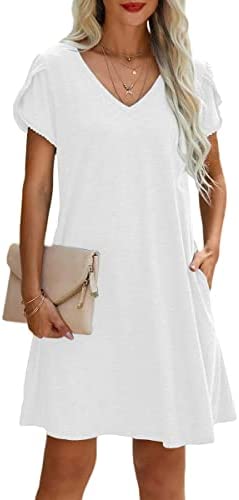 Dyexces Women's T Shirt Dress Short Sleeve V Neck Dress Solid Color Casual Mini Dress