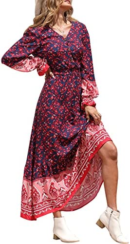 PRETTYGARDEN Long Sleeve Maxi Dress for Women - V Neck Casual Button Down Boho Floral
