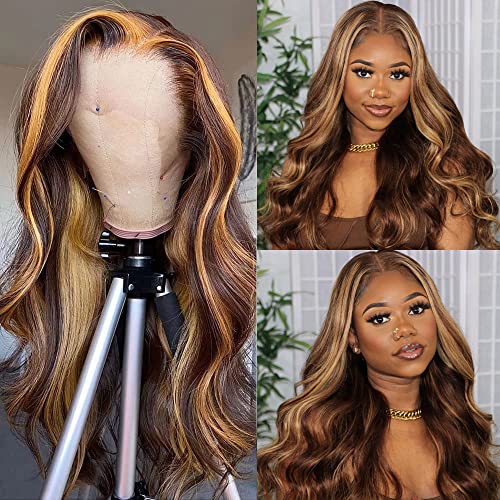 13x4 Highlight Human Hair Body Wave HD Lace Front Wigs #4/27 Brown to Blonde Colored