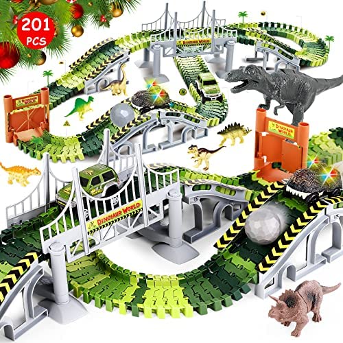[2022 Upgraded] Dinosaur Toys, Dinosaur Race Car Track Toys for 3 4 5 6 Year & Up Old