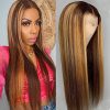 24 Inch Blonde Highlight Lace Front Wig Human Hair Body Wave Wavy 13x6x1 Transparent