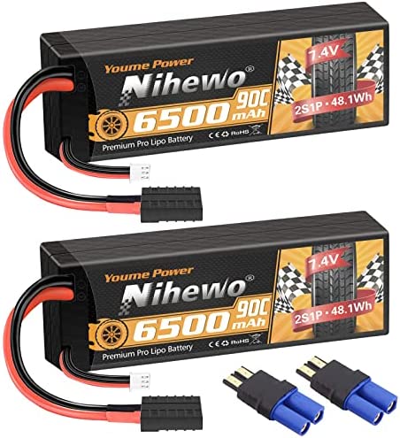 2Packs 2S Lipo Battery 7.4V 6500mAh RC Lipo Battery Pack 90C Hard Case with Trxx and