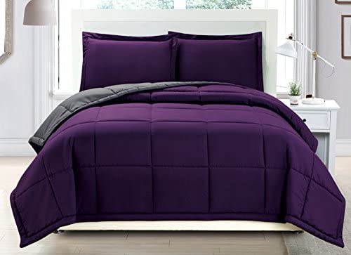 3 Piece Luxury Dark Purple / Grey Reversible Soft Down Alternative Comforter Set,