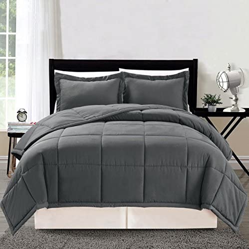3 Piece Luxury Grey Soft Down Alternative Comforter Set, King / Cal King with Corner