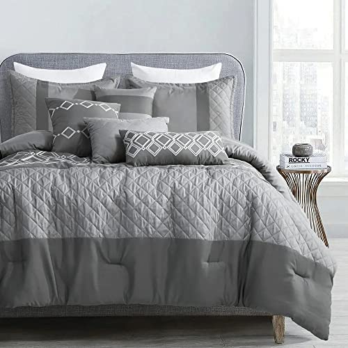 7 Piece Grey Comforter Queen Size Bed In A Bag Luxury Oversized CHIZOBA Western,