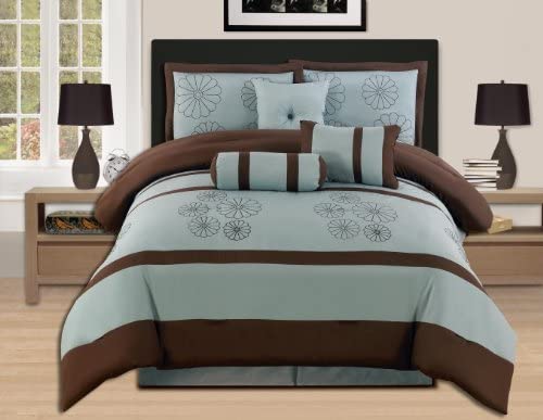 7 Pieces Brown Aqua Blue Luxury Embroidery Comforter Set Bed-in-a-bag King Size