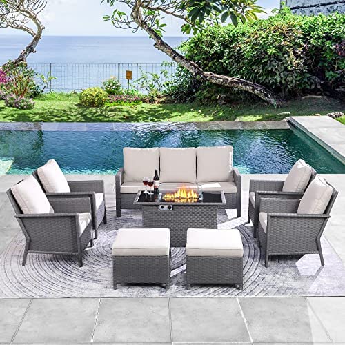 8-Piece Outdoor Patio Furniture Set with 44" Gas Fire Pit Table, PE Wicker Patio