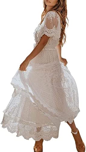 AZOKOE Women Deep V Neck Short Sleeve Lace Bridesmaid Maxi Dress
